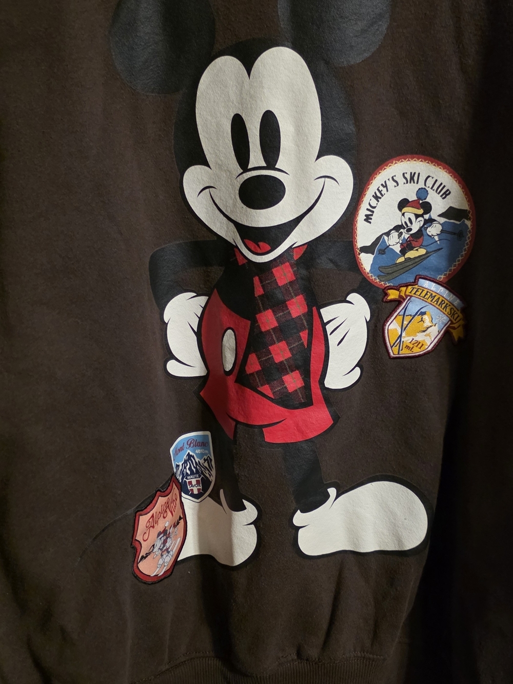 Disney Brown Sweatshirt with Mickey Graphic and Red Plaid Accent